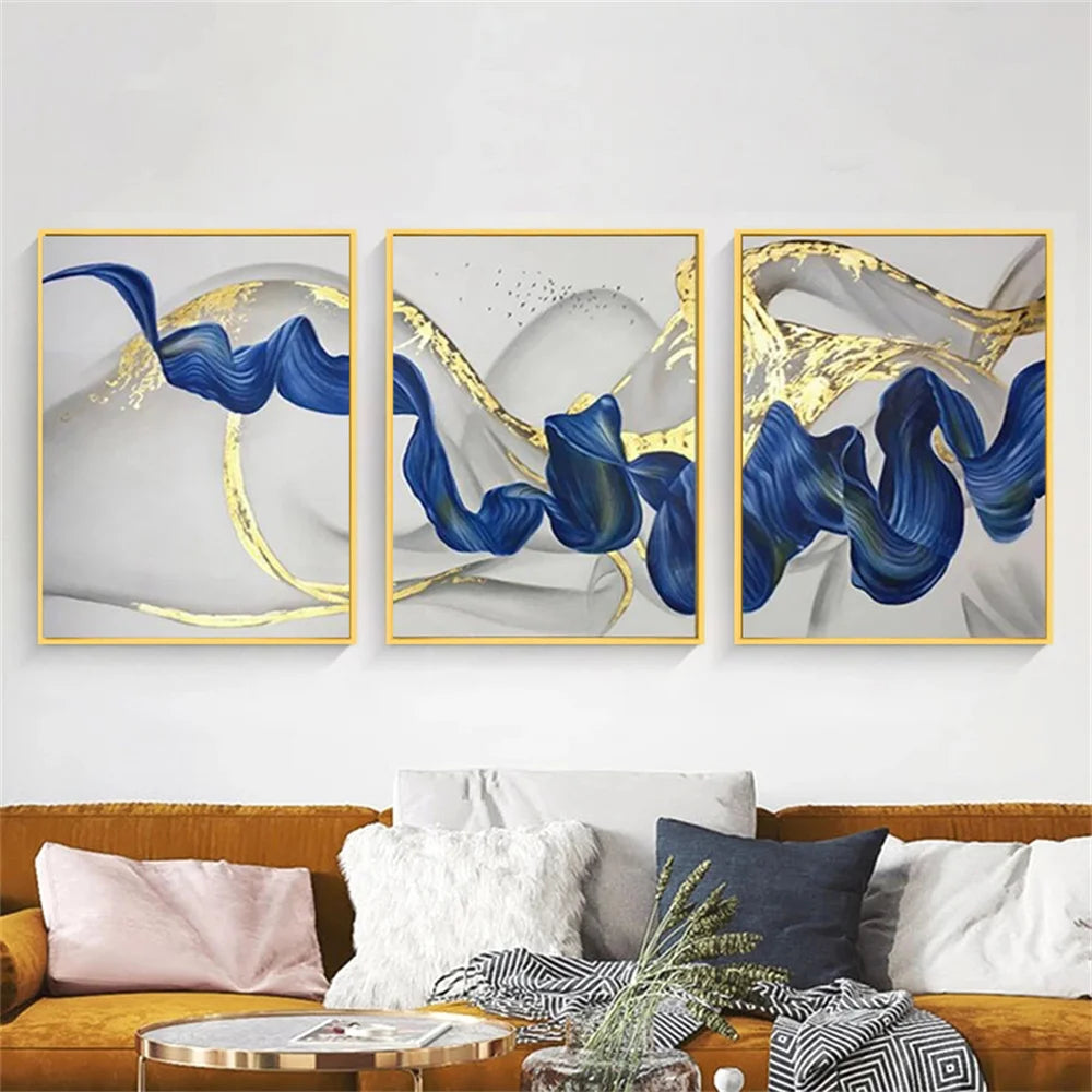 Three-Panel Abstract Blue Canvas Art