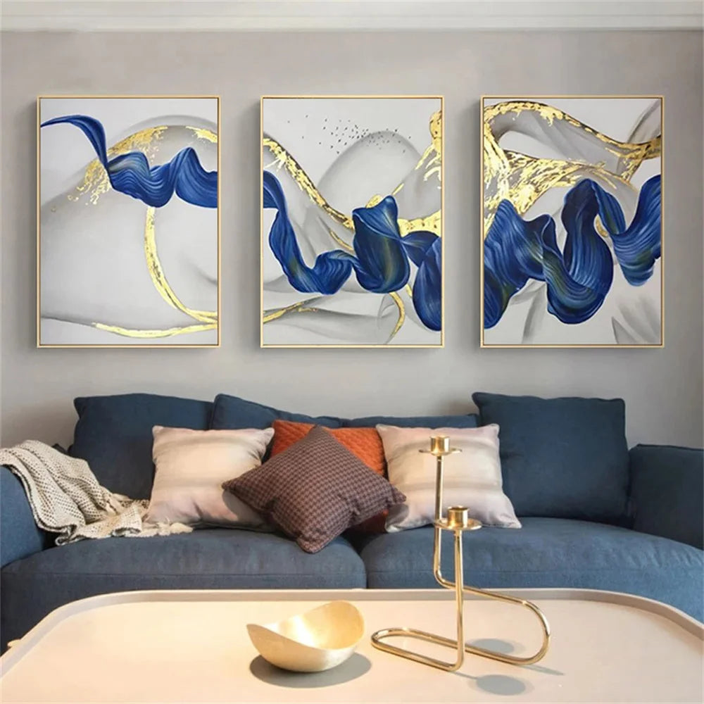 Three-Panel Abstract Blue Canvas Art