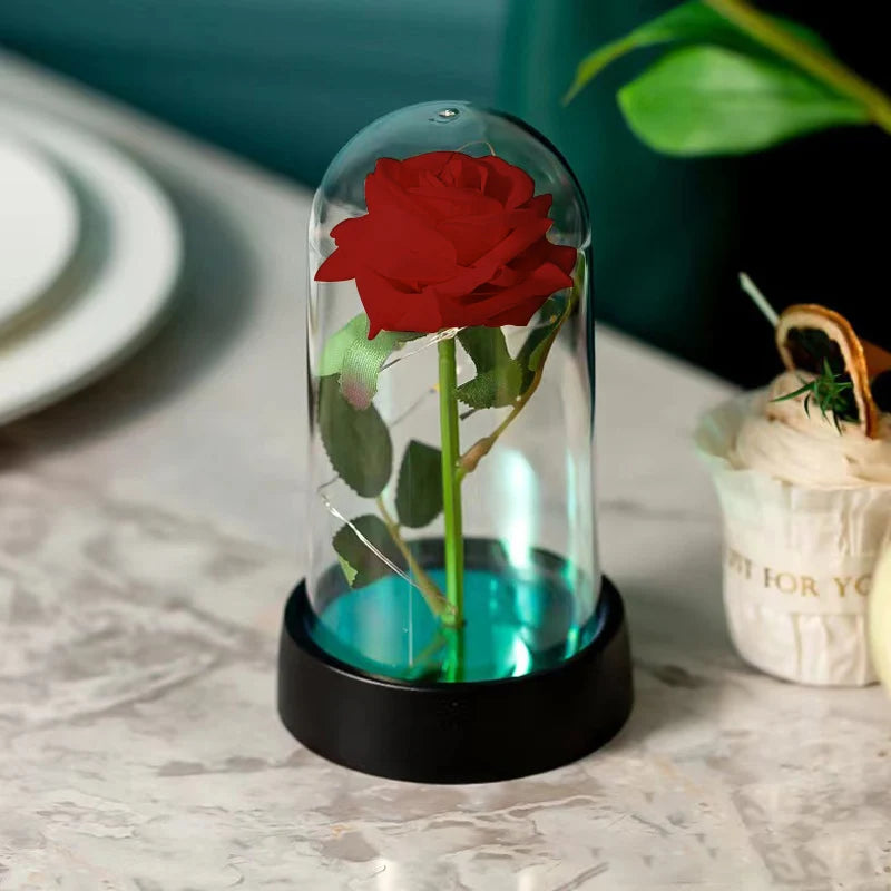 Artificial Rose Under Glass Cloche